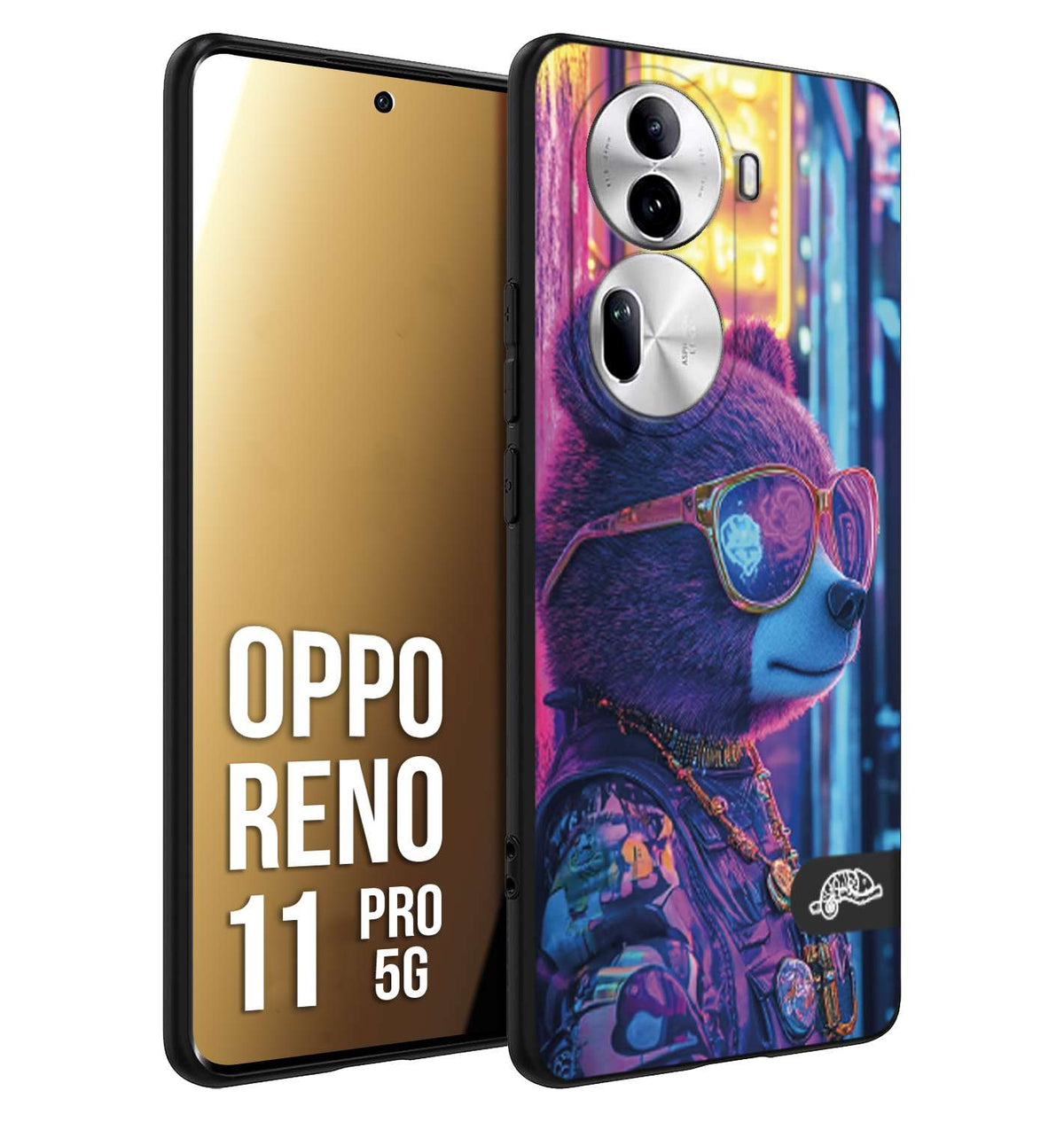 CUSTOMIZZA - Custodia cover nera morbida in tpu compatibile per Oppo Reno 11 PRO 5G animali cyberpunk orsetto orso street bear fucsia blu night