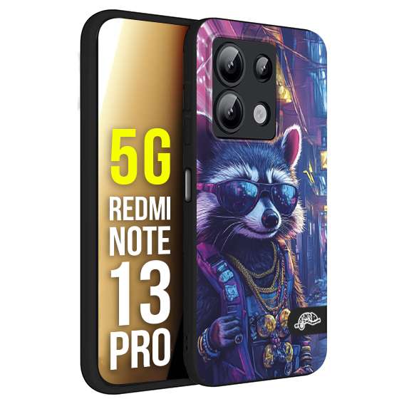 CUSTOMIZZA - Custodia cover nera morbida in tpu compatibile per Xiaomi Redmi Note 13 PRO 5G animali simpatici cyberpunk procione racoon street cat fucsia blu giallo