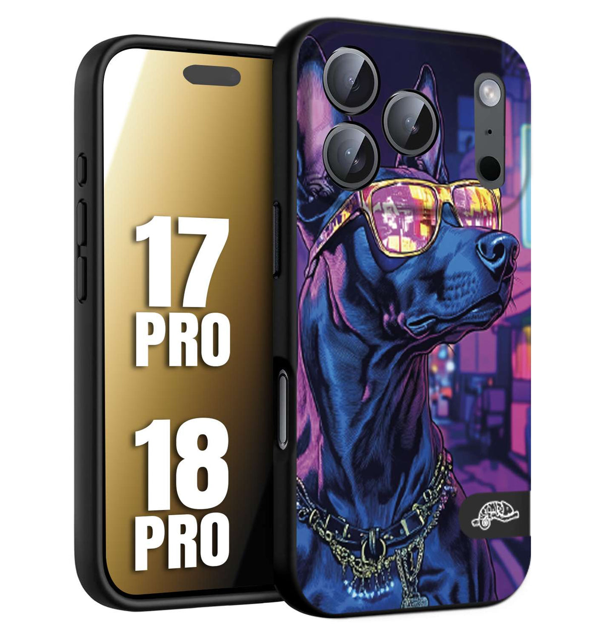 CUSTOMIZZA - Custodia cover nera morbida in tpu compatibile per iPhone 17 PRO - 18 PRO animali cyberpunk dobermann cane street dog fucsia blu night
