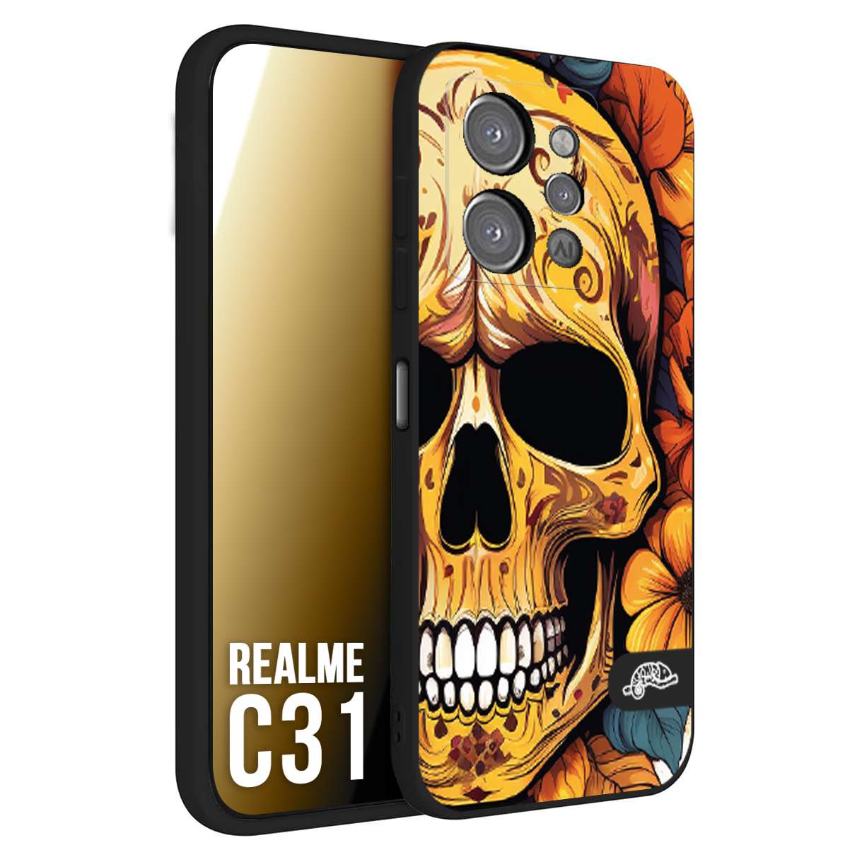 CUSTOMIZZA - Custodia cover nera morbida in tpu compatibile per Oppo Realme C31 teschio messicano colorato dorato fiori autunnali disegnato