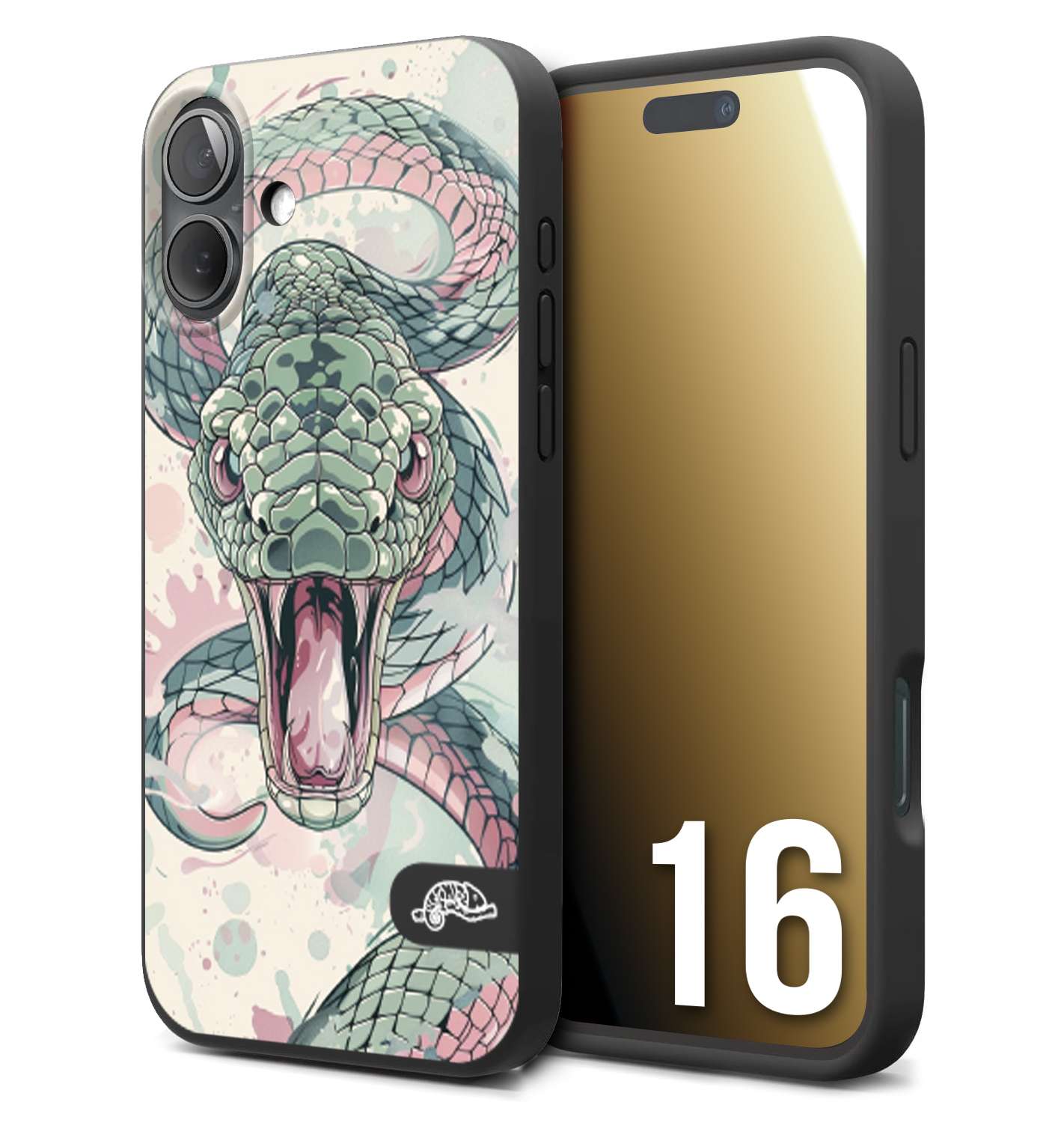 CUSTOMIZZA - Custodia cover nera morbida in tpu compatibile per iPhone 16 snake pink green serpente tatuaggio tattoo disegnato a mano