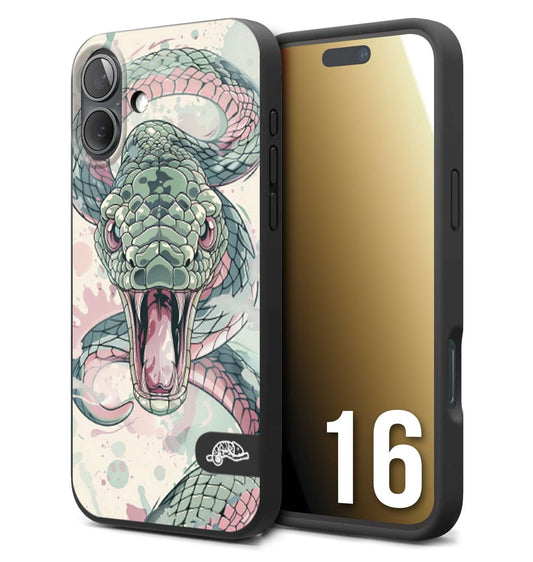 CUSTOMIZZA - Custodia cover nera morbida in tpu compatibile per iPhone 16 snake pink green serpente tatuaggio tattoo disegnato a mano