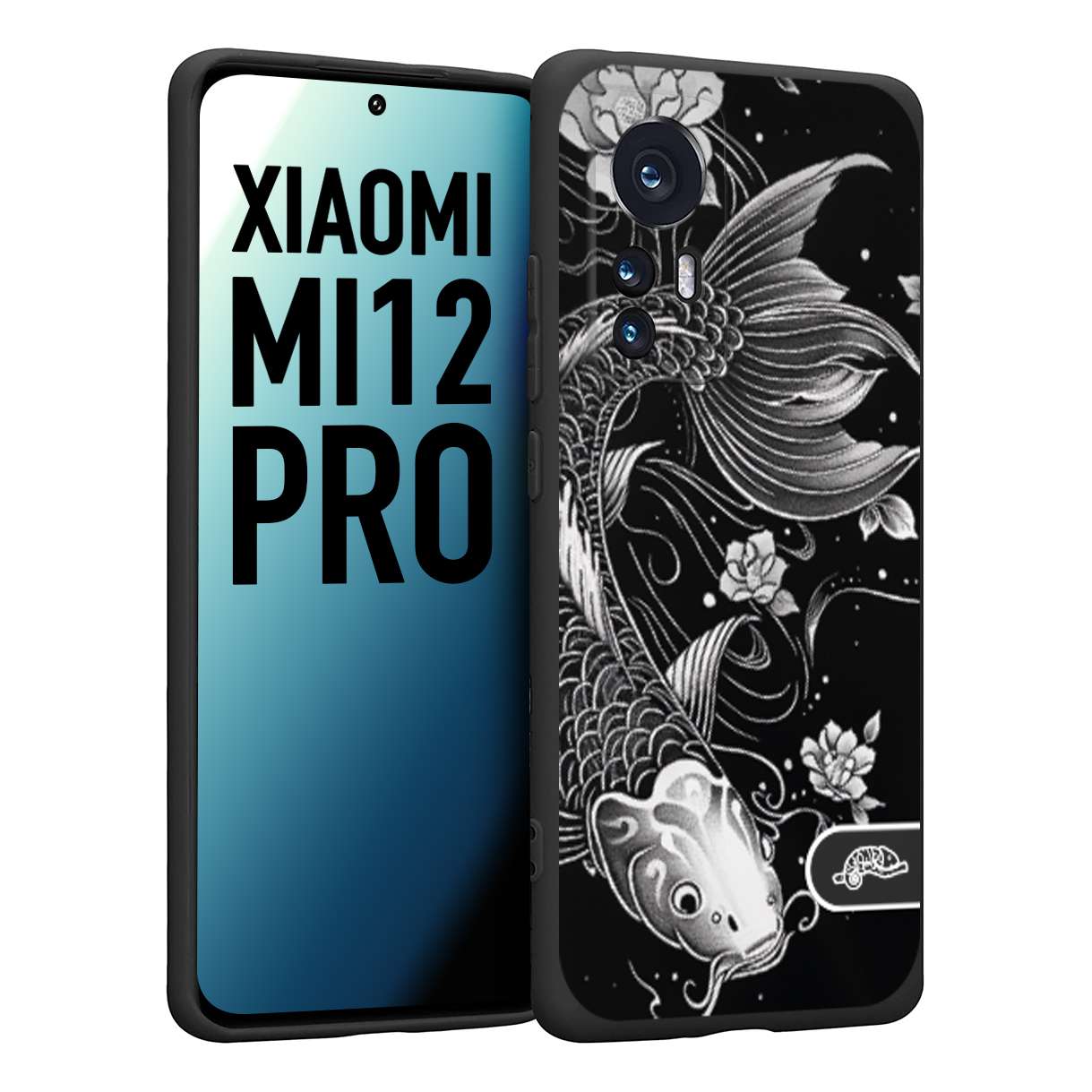 CUSTOMIZZA - Custodia cover nera morbida in tpu compatibile per Xiaomi 12 PRO carpa koi black and white bianco a rilievo disegnato tattoo tatuaggio