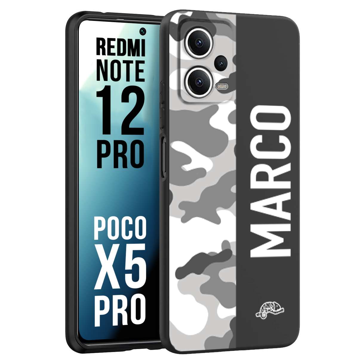 CUSTOMIZZA - Custodia cover nera morbida in tpu compatibile per Xiaomi Redmi Note 12 PRO - POCO X5 PRO camouflage mimetico militare personalizzata nome bianco