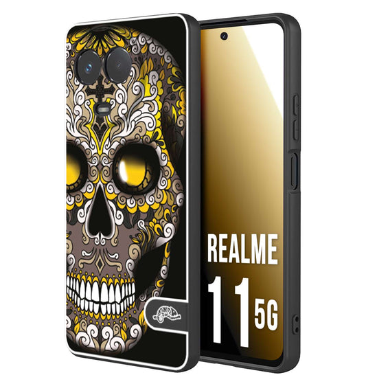 CUSTOMIZZA - Custodia cover nera morbida in tpu compatibile per Oppo Realme 11 5G teschio messicano Mexican skull nero giallo