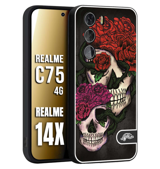CUSTOMIZZA - Custodia cover nera morbida in tpu compatibile per Realme 14X - C75 4G teschi e rose rosse fucsia skull and roses