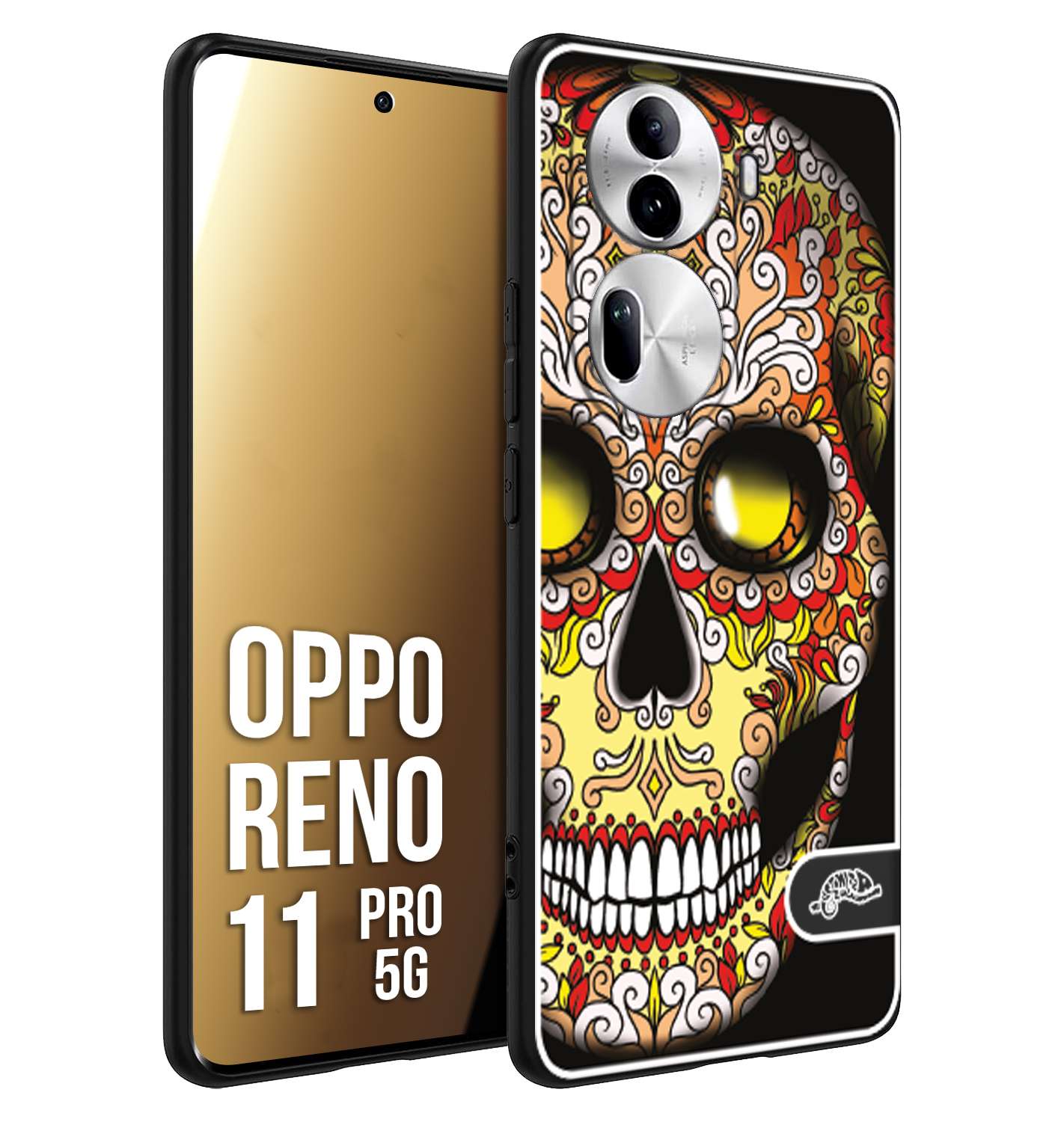 CUSTOMIZZA - Custodia cover nera morbida in tpu compatibile per Oppo Reno 11 PRO 5G teschio messicano Mexican skull giallo rosso arancio