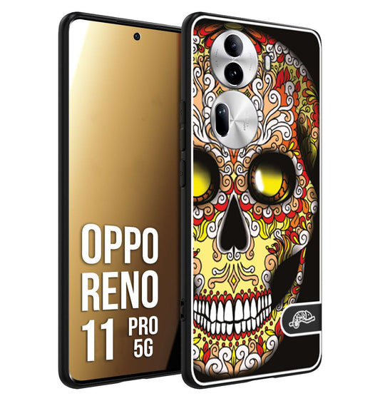 CUSTOMIZZA - Custodia cover nera morbida in tpu compatibile per Oppo Reno 11 PRO 5G teschio messicano Mexican skull giallo rosso arancio