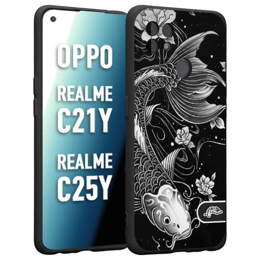 CUSTOMIZZA - Custodia cover nera morbida in tpu compatibile per Oppo Realme C21Y - C25Y carpa koi black and white bianco a rilievo disegnato tattoo tatuaggio