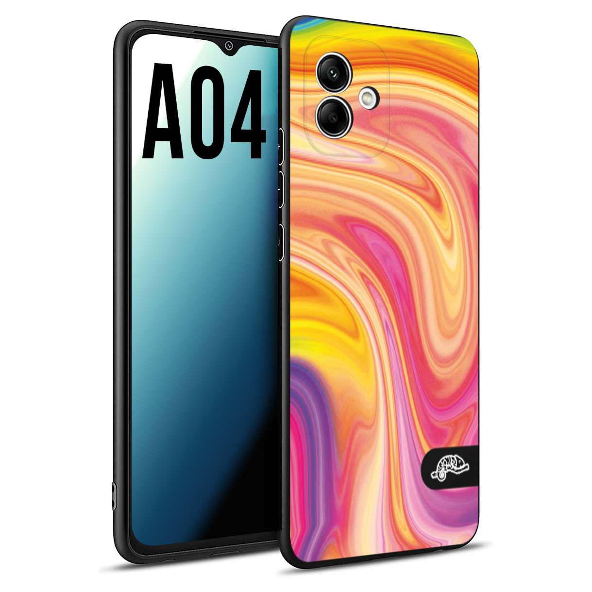 CUSTOMIZZA - Custodia cover nera morbida in tpu compatibile per Samsung A04 colorata fantasia vortice marmo onde rosa fucsia gialla