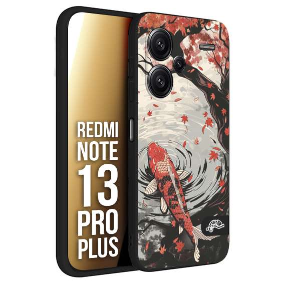 CUSTOMIZZA - Custodia cover nera morbida in tpu compatibile per Xiaomi Redmi Note 13 PRO PLUS giapponese lago carpa koi rossa con foglie d'acero rosso disegnata tattoo
