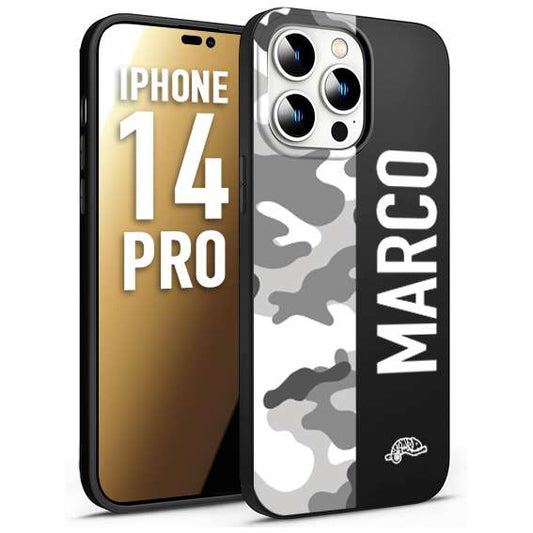 CUSTOMIZZA - Custodia cover nera morbida in tpu compatibile per iPhone 14 PRO camouflage mimetico militare personalizzata nome bianco