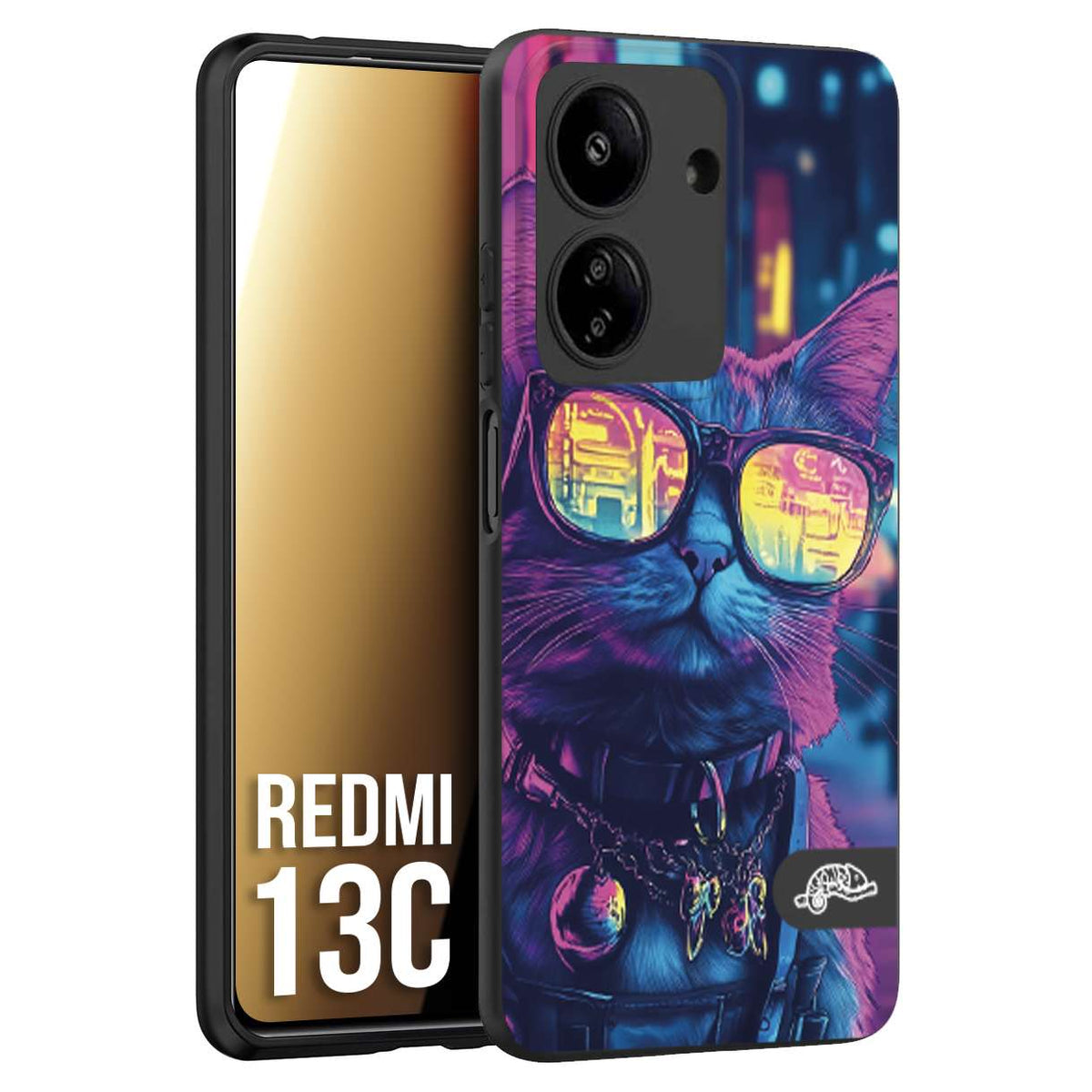 CUSTOMIZZA - Custodia cover nera morbida in tpu compatibile per Xiaomi Redmi 13C animali cyberpunk gatto street cat fucsia blu giallo
