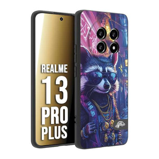 CUSTOMIZZA - Custodia cover nera morbida in tpu compatibile per Realme 13 PRO PLUS animali simpatici cyberpunk procione racoon street cat fucsia blu giallo