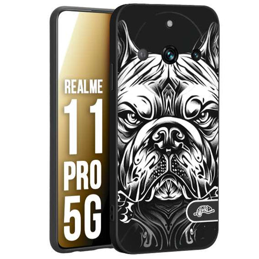 CUSTOMIZZA - Custodia cover nera morbida in tpu compatibile per Realme 11 PRO 5G bulldog bianco a rilievo disegnato tattoo tatuaggio