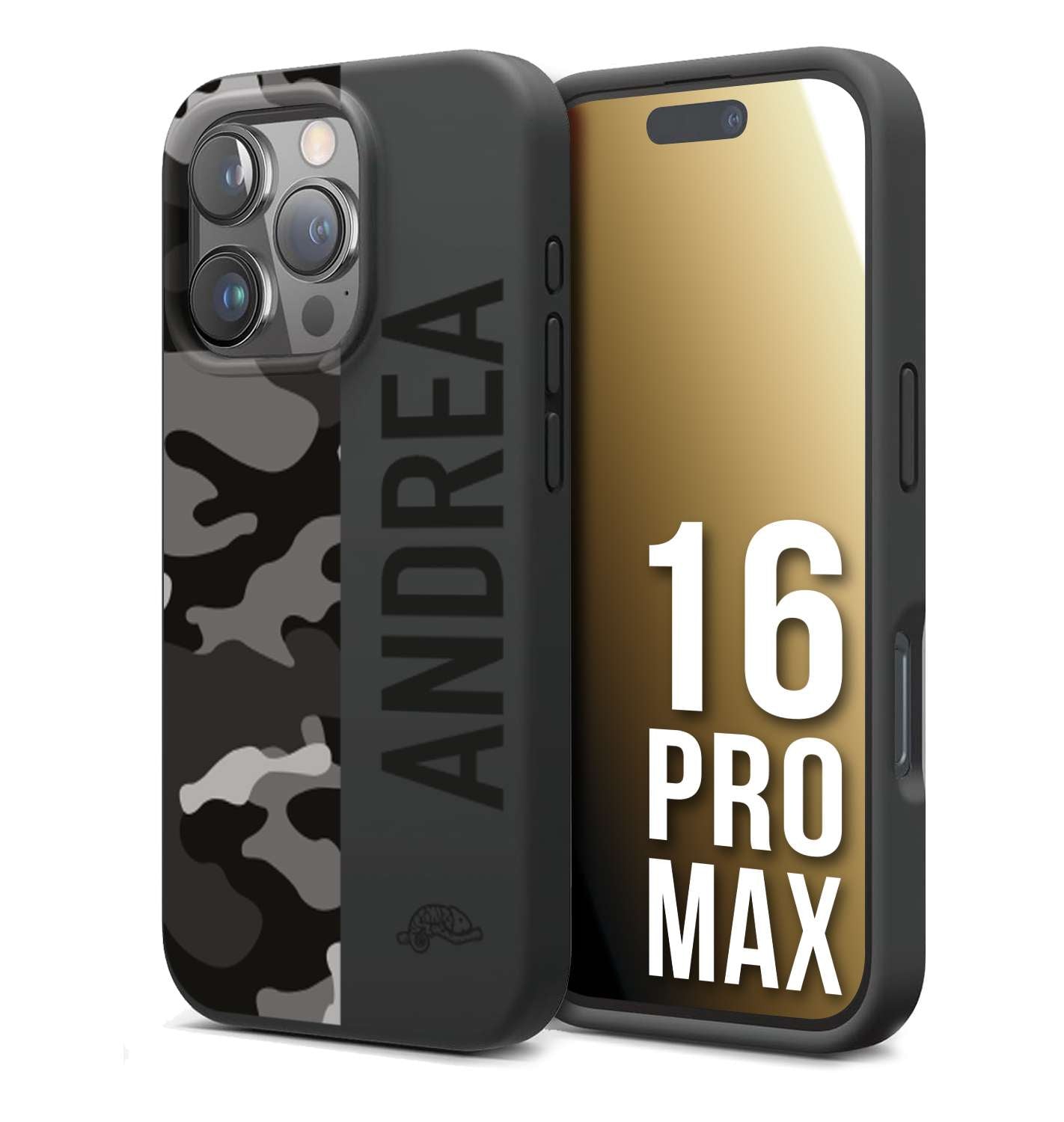 CUSTOMIZZA - Custodia cover nera morbida in tpu compatibile per iPhone 16 PRO MAX camouflage mimetico militare personalizzata nome