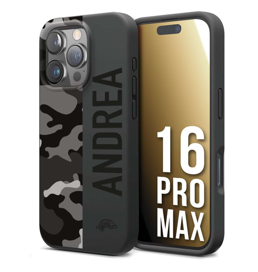 CUSTOMIZZA - Custodia cover nera morbida in tpu compatibile per iPhone 16 PRO MAX camouflage mimetico militare personalizzata nome