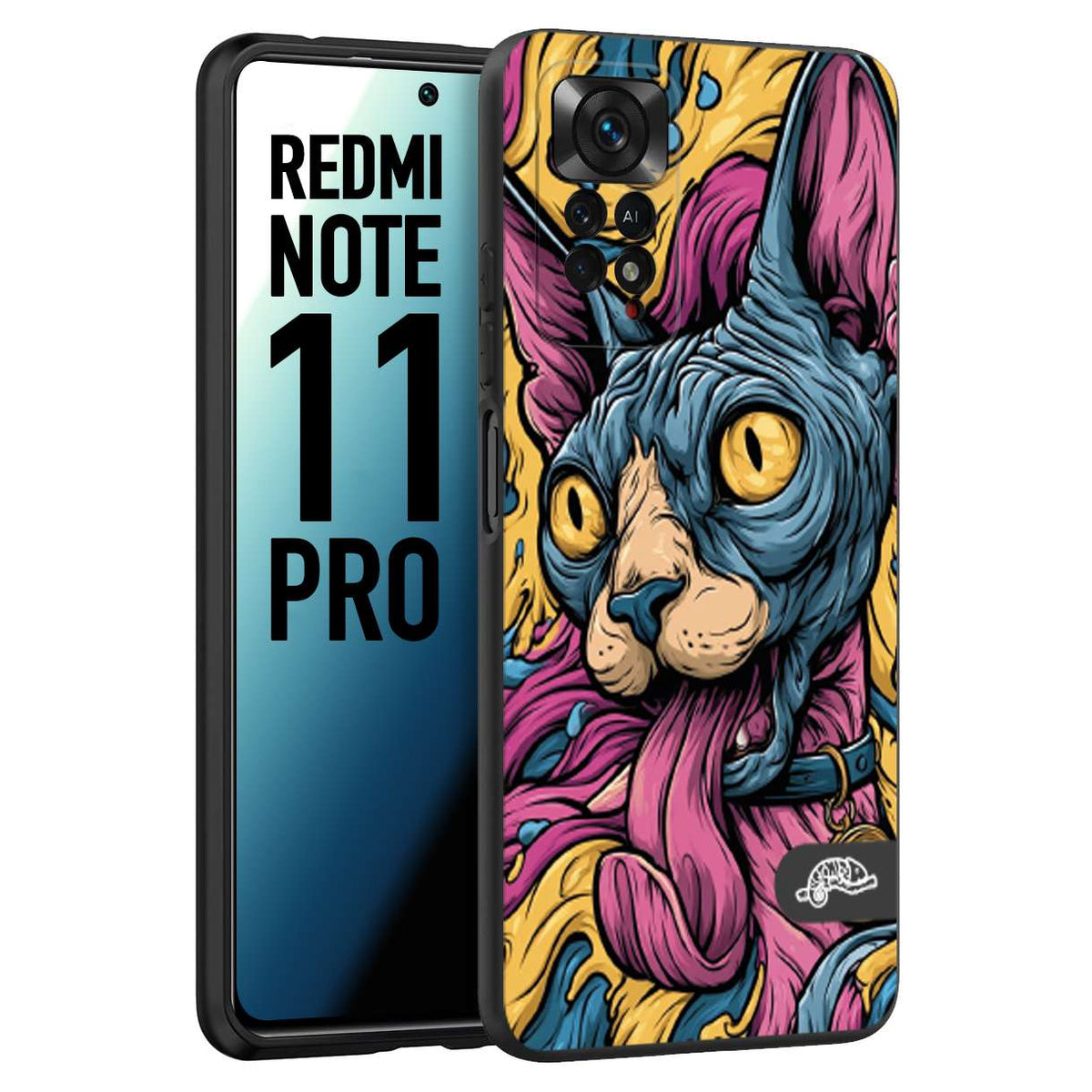 CUSTOMIZZA - Custodia cover nera morbida in tpu compatibile per Xiaomi Redmi Note 11 PRO Sphynx Colorato Pop Art Psichedelico Gatto Blu Rosa Giallo Artistica Fantasy