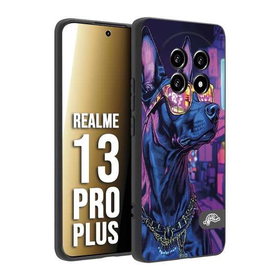 CUSTOMIZZA - Custodia cover nera morbida in tpu compatibile per Realme 13 PRO PLUS animali cyberpunk dobermann cane street dog fucsia blu night
