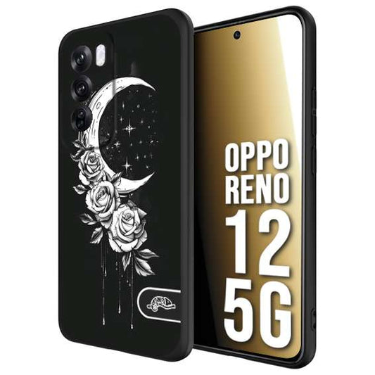 CUSTOMIZZA - Custodia cover nera morbida in tpu compatibile per Oppo Reno 12 5G luna e fiori moon flowers black and white bianco a rilievo disegnato