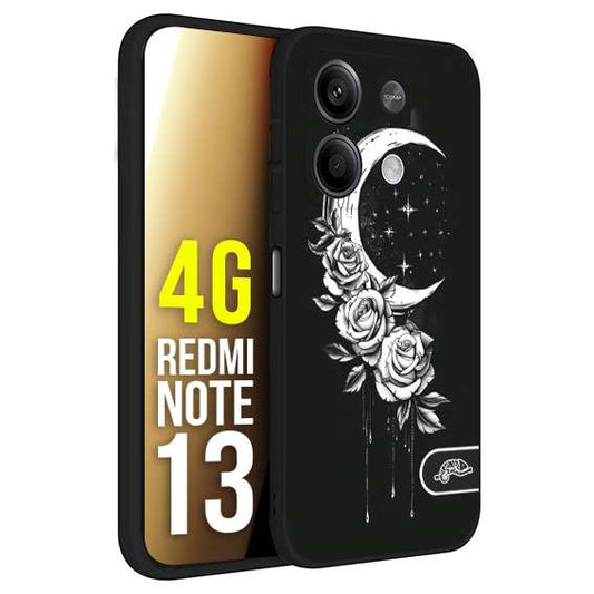 CUSTOMIZZA - Custodia cover nera morbida in tpu compatibile per Xiaomi Redmi Note 13 4G luna e fiori moon flowers black and white bianco a rilievo disegnato