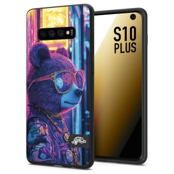 CUSTOMIZZA - Custodia cover nera morbida in tpu compatibile per Samsung S10 PLUS animali cyberpunk orsetto orso street bear fucsia blu night
