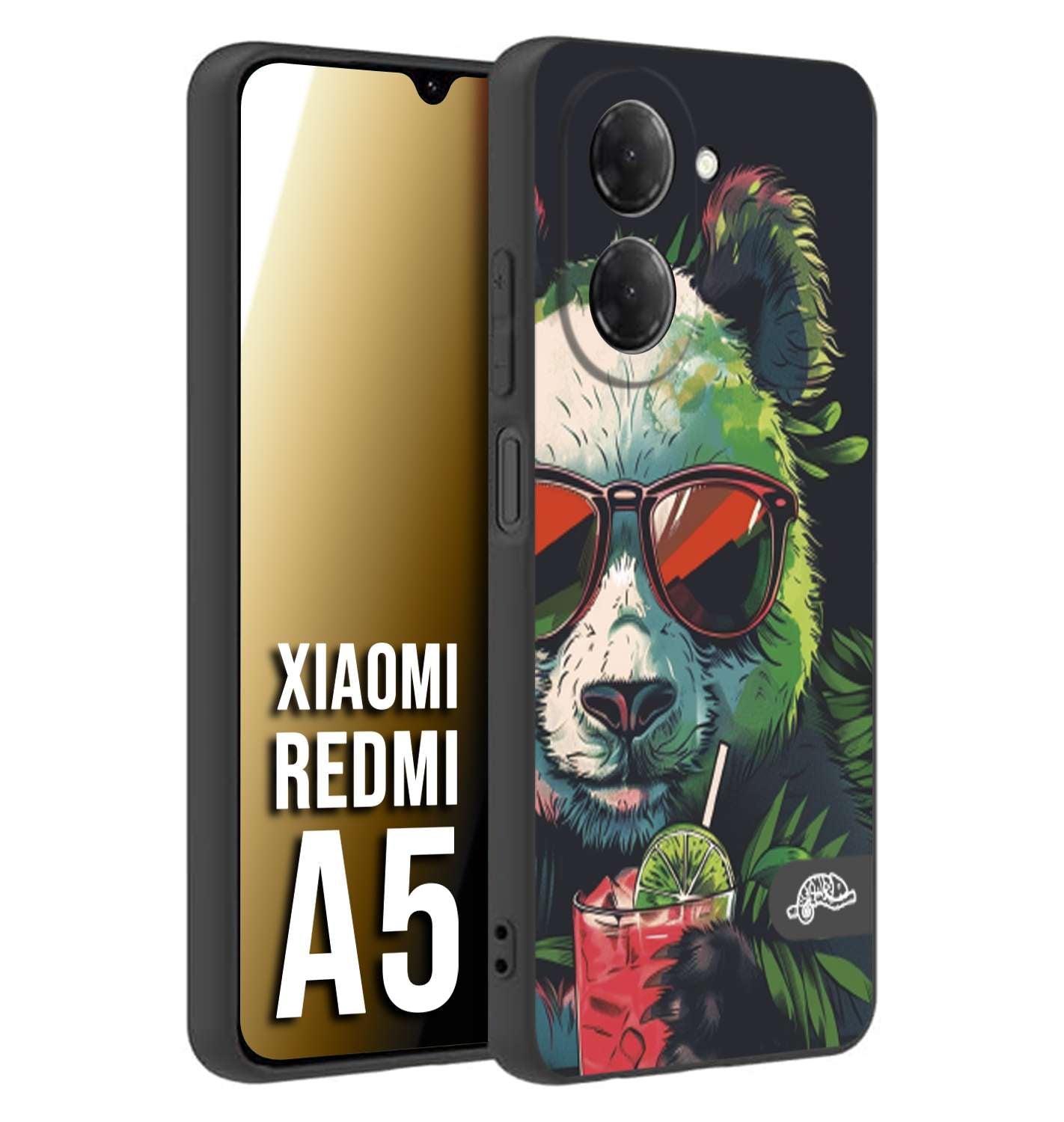 CUSTOMIZZA - Custodia cover nera morbida in tpu compatibile per Xiaomi Redmi A5 estate disegnata cocktails animali simpatici panda mojito