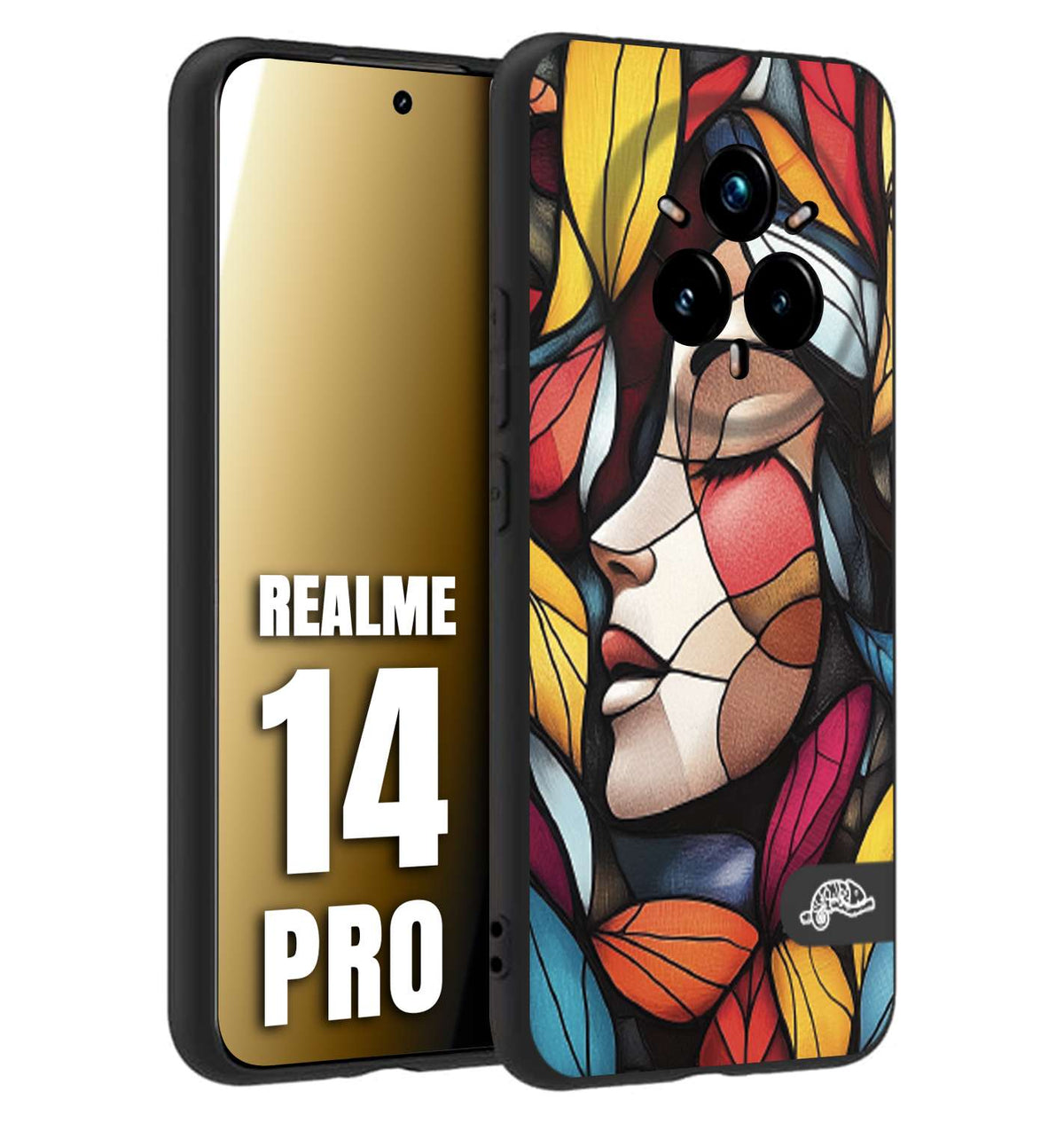 CUSTOMIZZA - Custodia cover nera morbida in tpu compatibile per Realme 14 PRO Vetrata artistica volto di donna profilo fogliare mosaico di vetro colorato