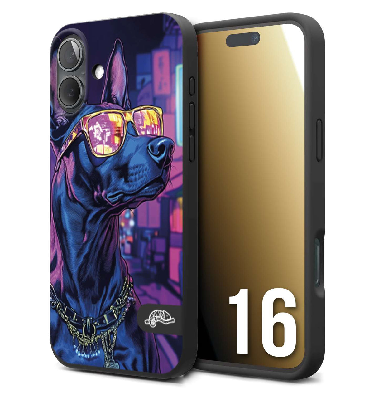 CUSTOMIZZA - Custodia cover nera morbida in tpu compatibile per iPhone 16 animali cyberpunk dobermann cane street dog fucsia blu night