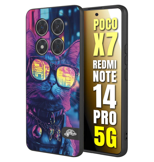 CUSTOMIZZA - Custodia cover nera morbida in tpu compatibile per Xiaomi Redmi Note 14 PRO 5G animali cyberpunk gatto street cat fucsia blu giallo