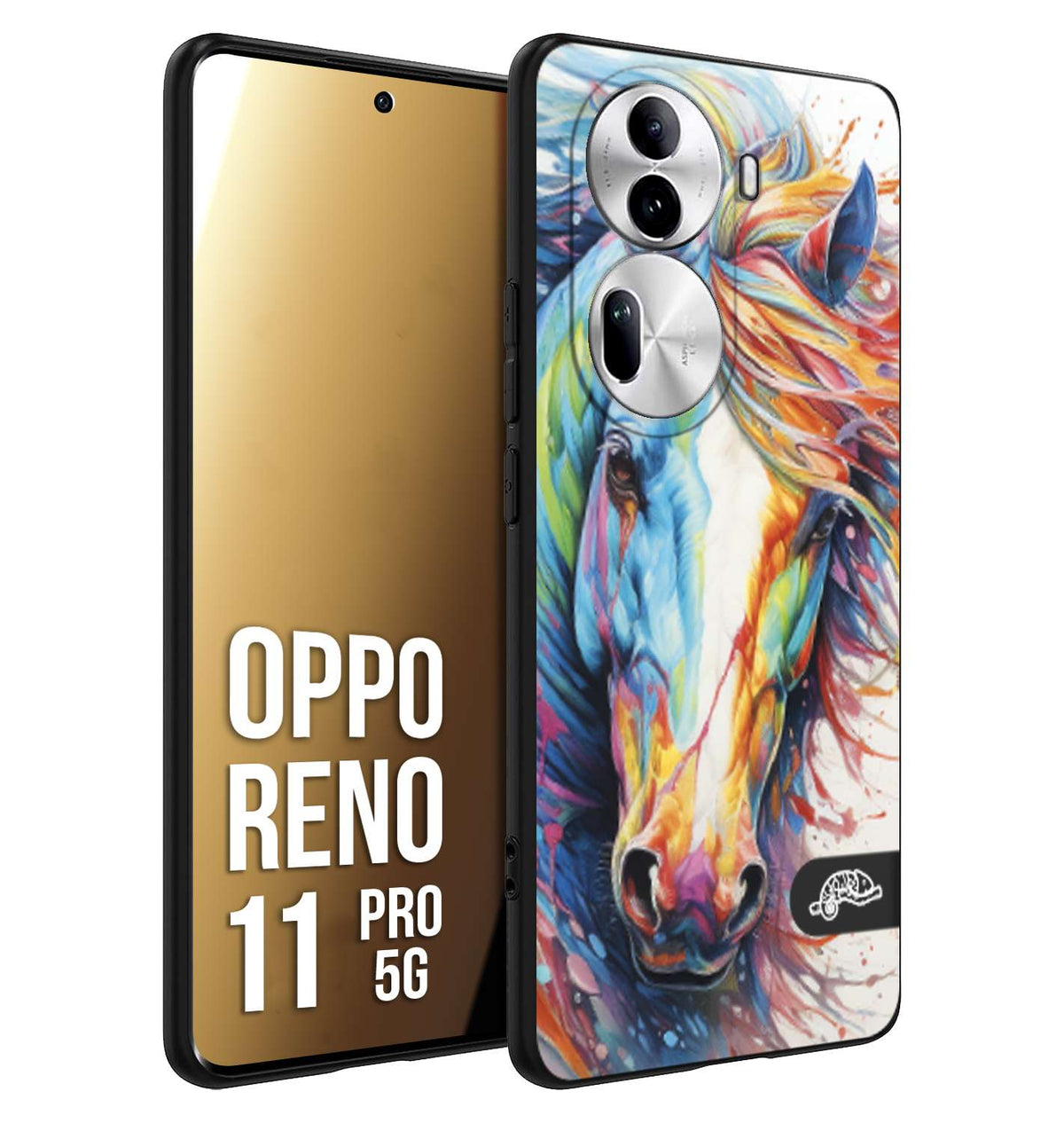 CUSTOMIZZA - Custodia cover nera morbida in tpu compatibile per Oppo Reno 11 PRO 5G animali color cavallo horse viso colori vibranti disegnato schizzo