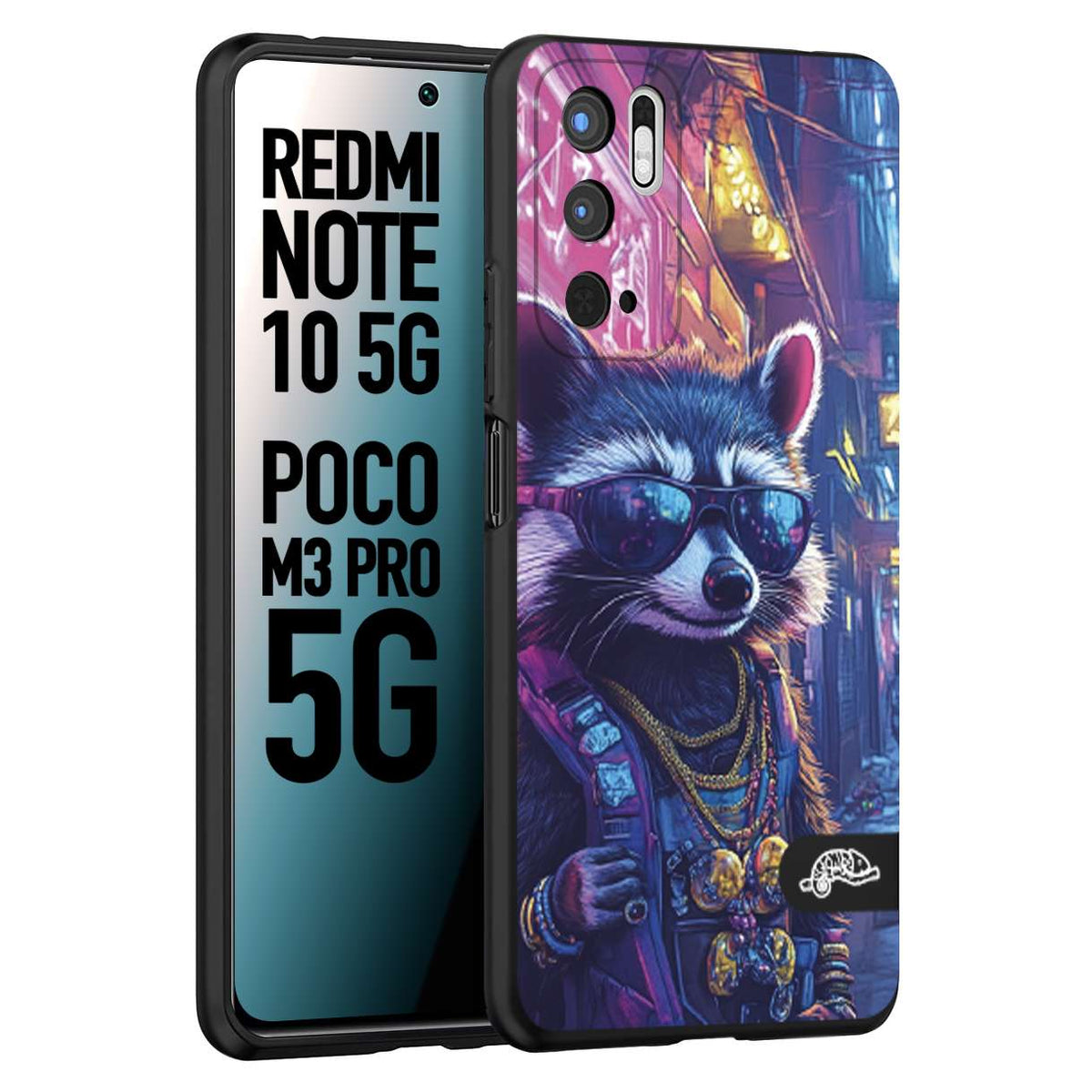 CUSTOMIZZA - Custodia cover nera morbida in tpu compatibile per Xiaomi Redmi Note 10 5G - Poco M3 Pro 5G animali simpatici cyberpunk procione racoon street cat fucsia blu giallo