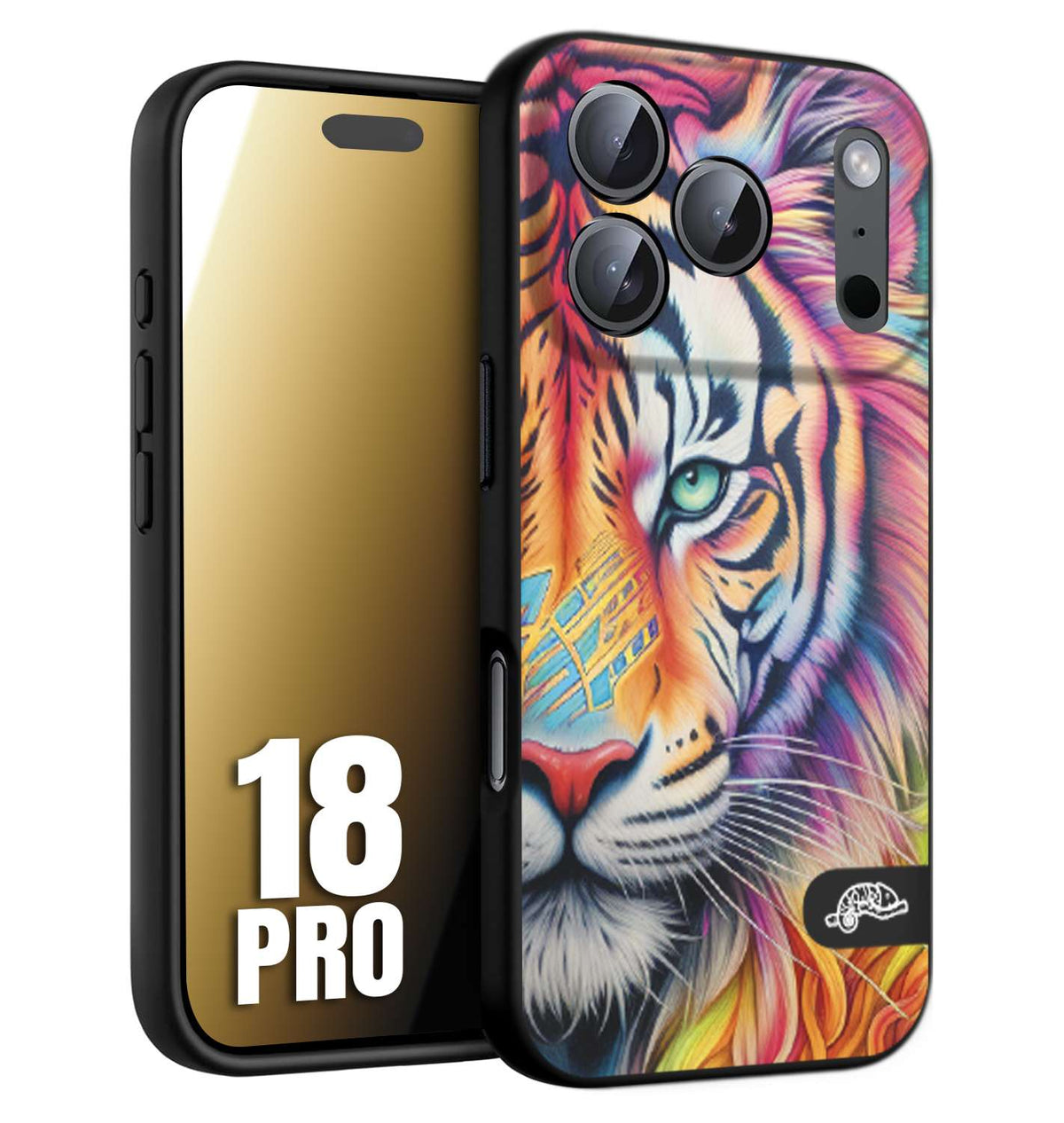CUSTOMIZZA - Custodia cover nera morbida in tpu compatibile per iPhone 18 PRO animali color tigre tiger viso colori vibranti disegnato schizzo