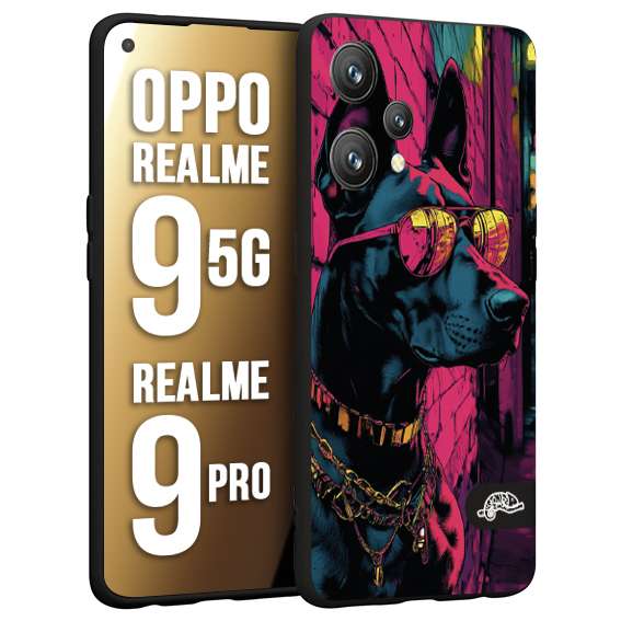 CUSTOMIZZA - Custodia cover nera morbida in tpu compatibile per Realme 9 5G - 9 PRO animali cyberpunk dobermann cane street dog fucsia blu
