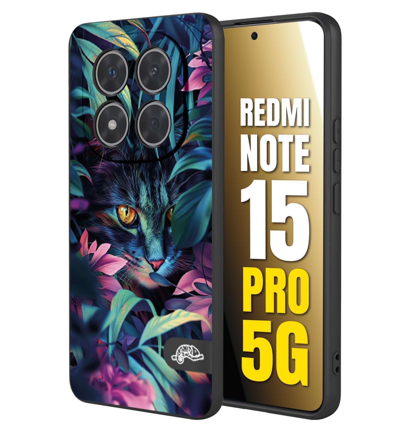CUSTOMIZZA - Custodia cover nera morbida in tpu compatibile per Xiaomi Redmi Note 15 PRO 5G animali color giungla tropicale occhio di gatto colori vibranti disegnato