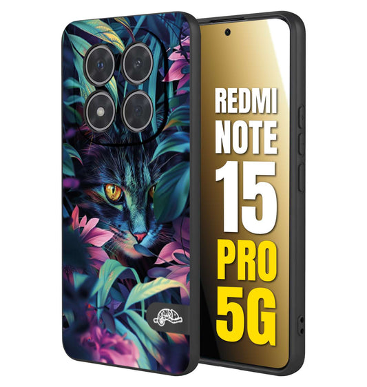 CUSTOMIZZA - Custodia cover nera morbida in tpu compatibile per Xiaomi Redmi Note 15 PRO 5G animali color giungla tropicale occhio di gatto colori vibranti disegnato