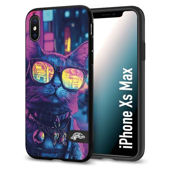 CUSTOMIZZA - Custodia cover nera morbida in tpu compatibile per iPhone Xs Max animali cyberpunk gatto street cat fucsia blu giallo
