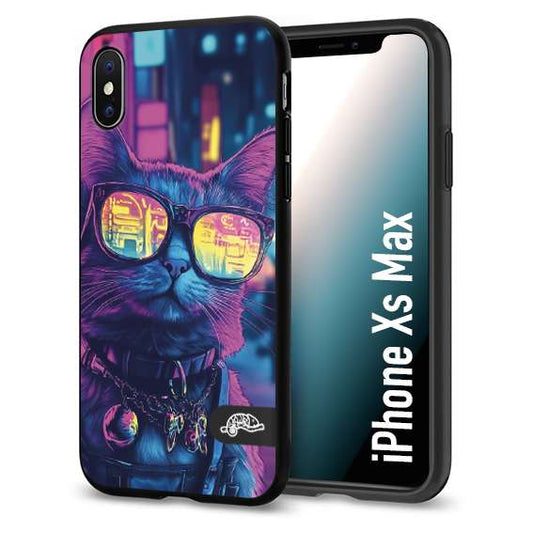 CUSTOMIZZA - Custodia cover nera morbida in tpu compatibile per iPhone Xs Max animali cyberpunk gatto street cat fucsia blu giallo