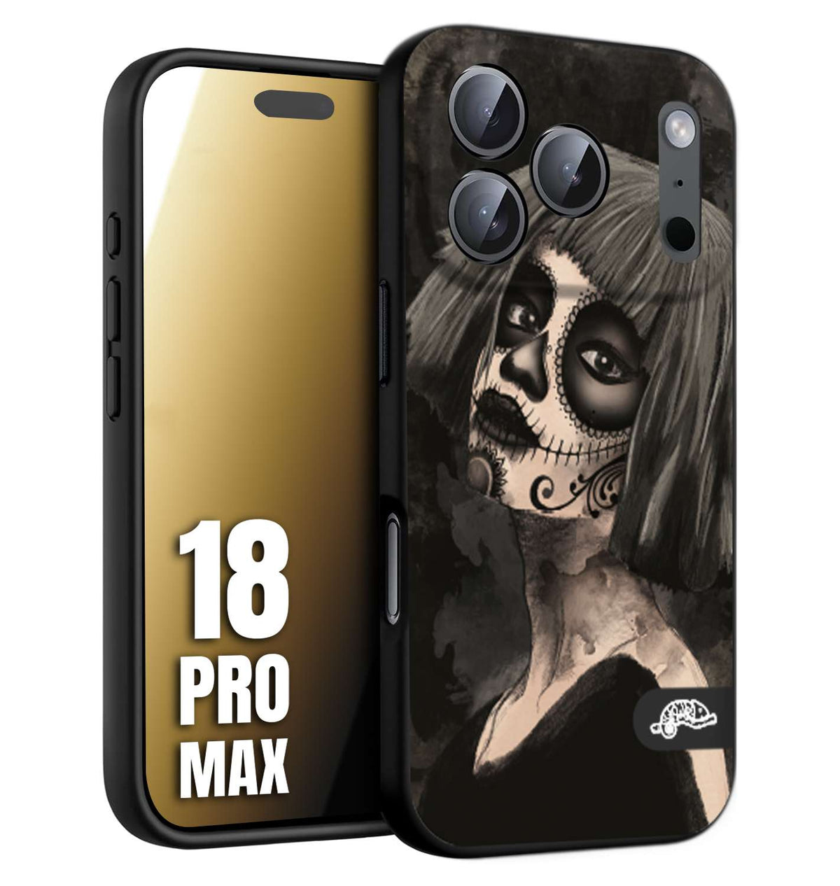 CUSTOMIZZA - Custodia cover nera morbida in tpu compatibile per iPhone 18 PRO MAX chicana messicana dea de la muerte donna santa tattoo disegnata