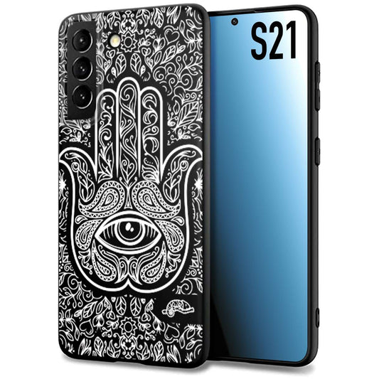 CUSTOMIZZA - Custodia cover nera morbida in tpu compatibile per Samsung S21 mano di fatima effetto rilievo mandala donna