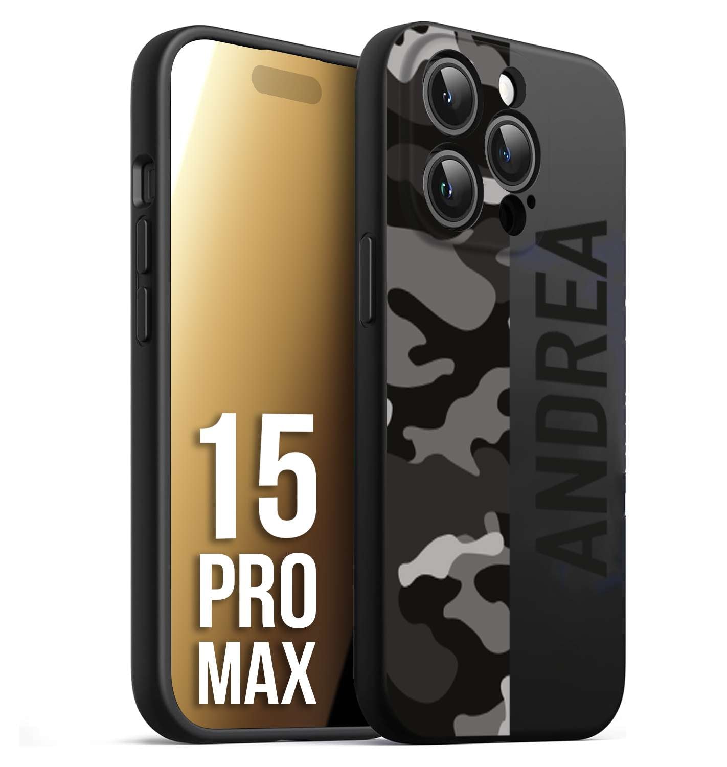 CUSTOMIZZA - Custodia cover nera morbida in tpu compatibile per iPhone 15 PRO MAX camouflage mimetico militare personalizzata nome