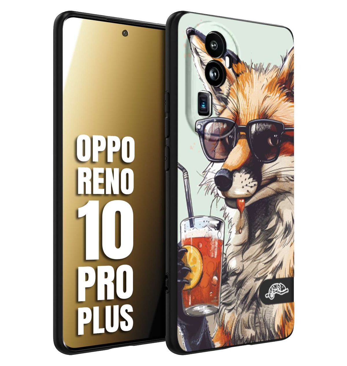CUSTOMIZZA - Custodia cover nera morbida in tpu compatibile per Oppo Reno 10 PRO PLUS estate disegnata cocktails animali simpatici fox volpe negroni