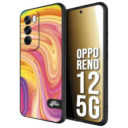 CUSTOMIZZA - Custodia cover nera morbida in tpu compatibile per Oppo Reno 12 5G colorata fantasia vortice marmo onde rosa fucsia gialla