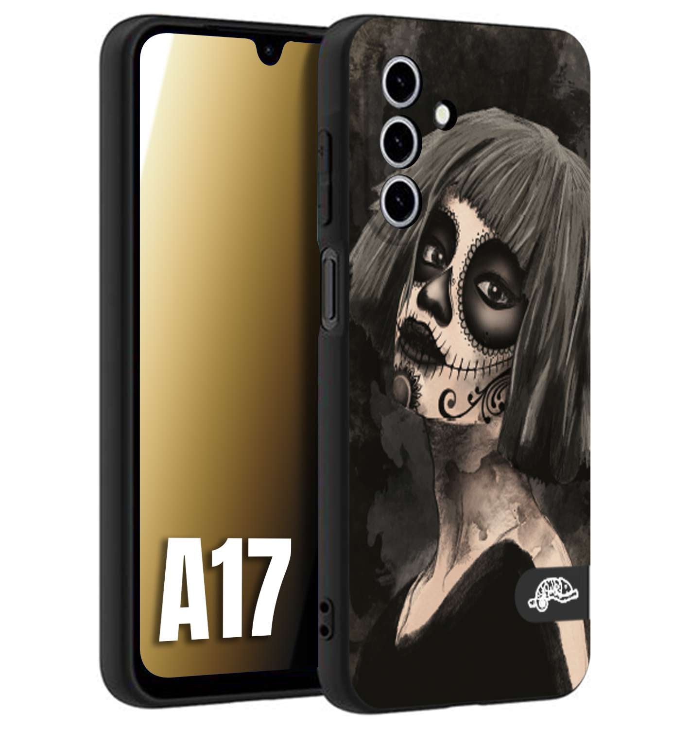 CUSTOMIZZA - Custodia cover nera morbida in tpu compatibile per Samsung A17 chicana messicana dea de la muerte donna santa tattoo disegnata