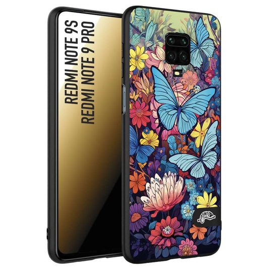 CUSTOMIZZA - Custodia cover nera morbida in tpu compatibile per Xiaomi Redmi Note 9S - Note 9 PRO farfalle butterfly moderno donna disegnate gialla blu rosa