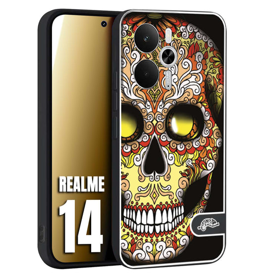 CUSTOMIZZA - Custodia cover nera morbida in tpu compatibile per Realme 14 5G teschio messicano Mexican skull giallo rosso arancio