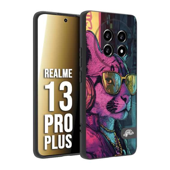 CUSTOMIZZA - Custodia cover nera morbida in tpu compatibile per Realme 13 PRO PLUS animali cyberpunk pantera street cat fucsia blu giallo