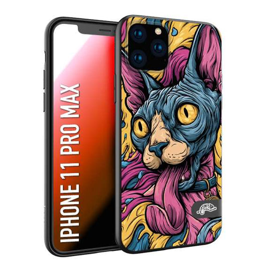 CUSTOMIZZA - Custodia cover nera morbida in tpu compatibile per iPhone 11 PRO MAX Sphynx Colorato Pop Art Psichedelico Gatto Blu Rosa Giallo Artistica Fantasy