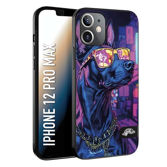 CUSTOMIZZA - Custodia cover nera morbida in tpu compatibile per iPhone 12 PRO MAX animali cyberpunk dobermann cane street dog fucsia blu night