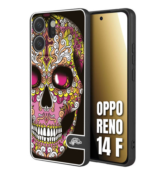 CUSTOMIZZA - Custodia cover nera morbida in tpu compatibile per Oppo Reno 14 F teschio messicano Mexican skull rosa gialla